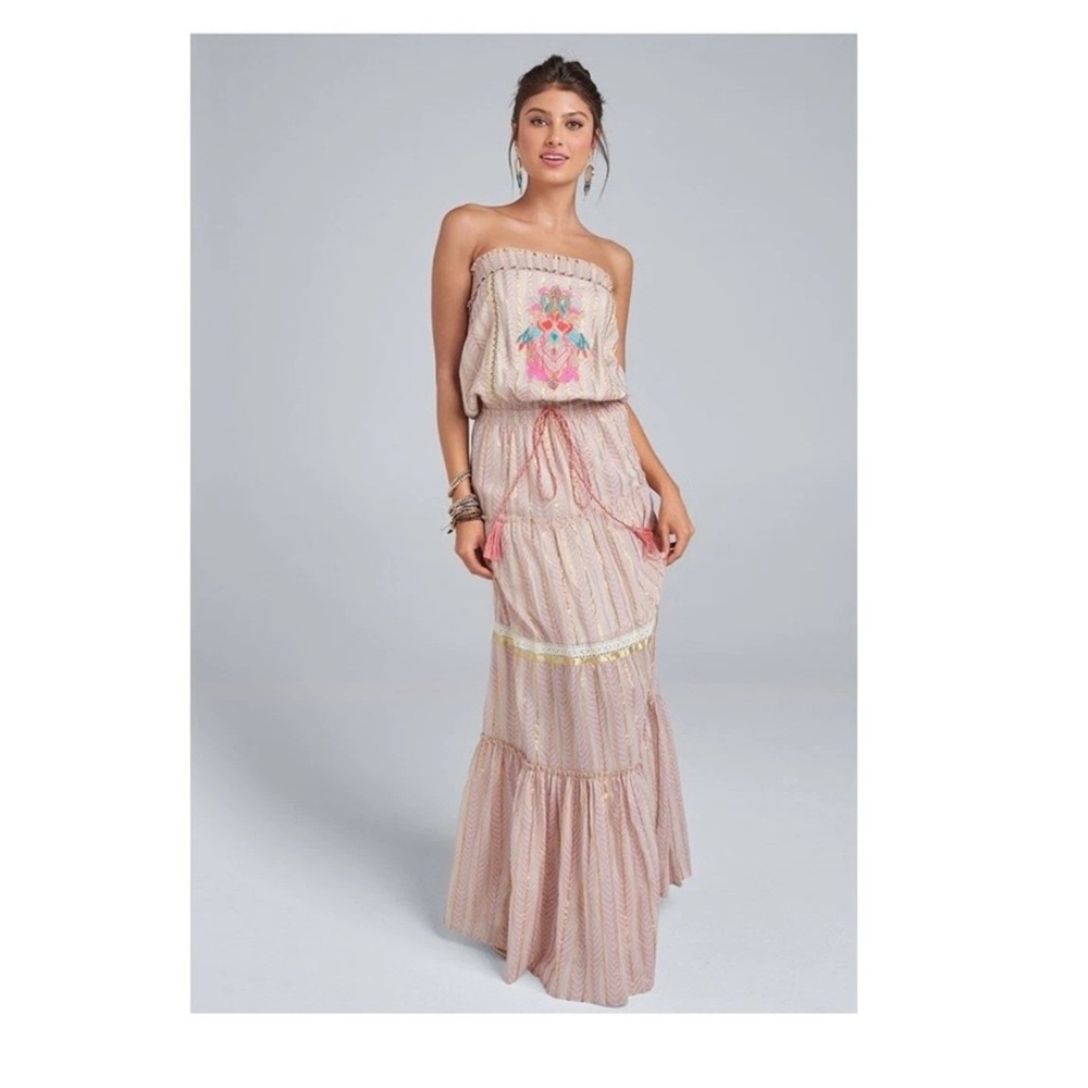 Venus Embroidered Strapless Maxi Dress Pink Gold Lurex Tiered Boho Tassel 1X